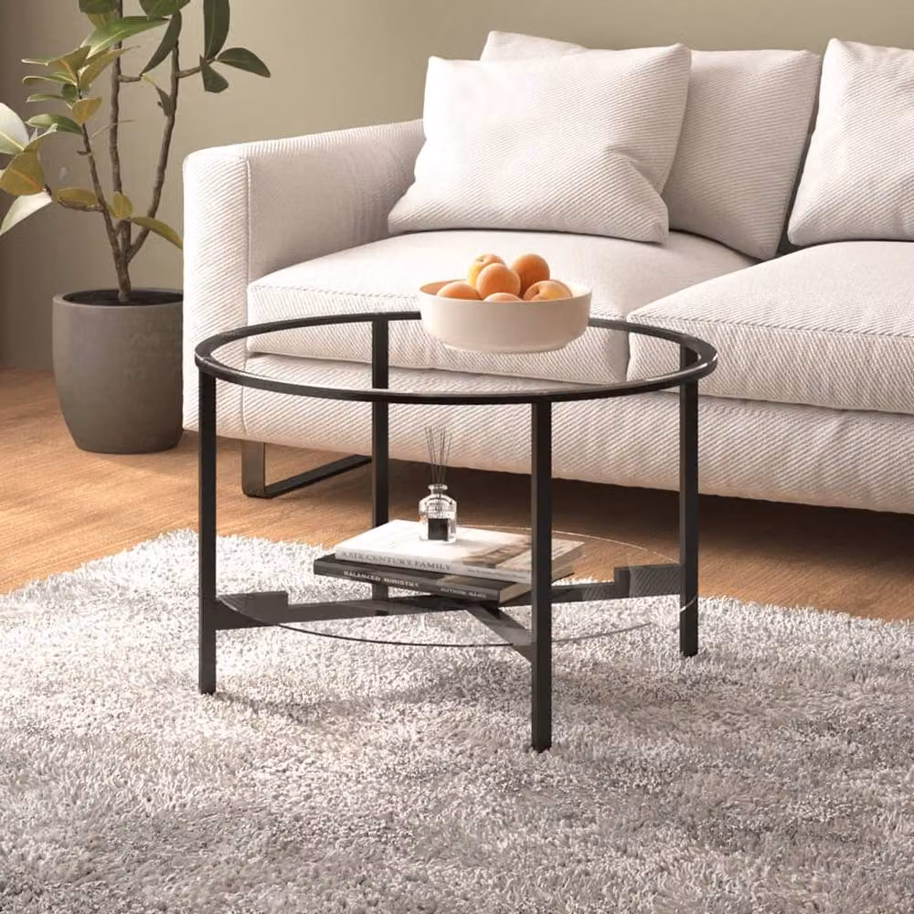 Berkfield Home Round Tea Table with Black and Transparent Tempered Glass, W: 70 cm, D: 70 cm, H: 46 cm – 2