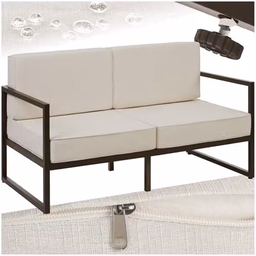 tectake 2 Seater Garden Sofa in Beige with Powder Coated Steel Frame and Upholstered Foam Cushions