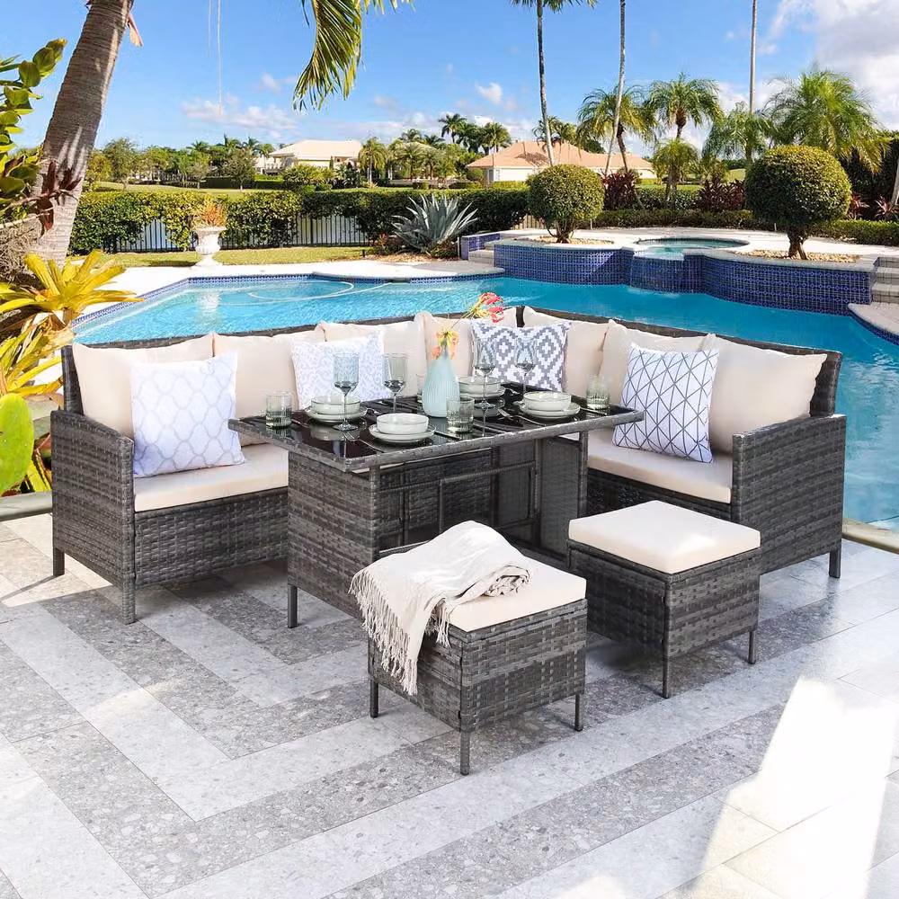 Home Garden Direct Thalia Corner Sofa Set with Glass Top in Beige and Grey Rattan – 2