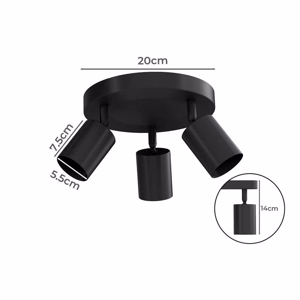 Emitto Modern Black 3-Way Adjustable GU10 Spotlight Ceiling Light with Round Metal Base – 3