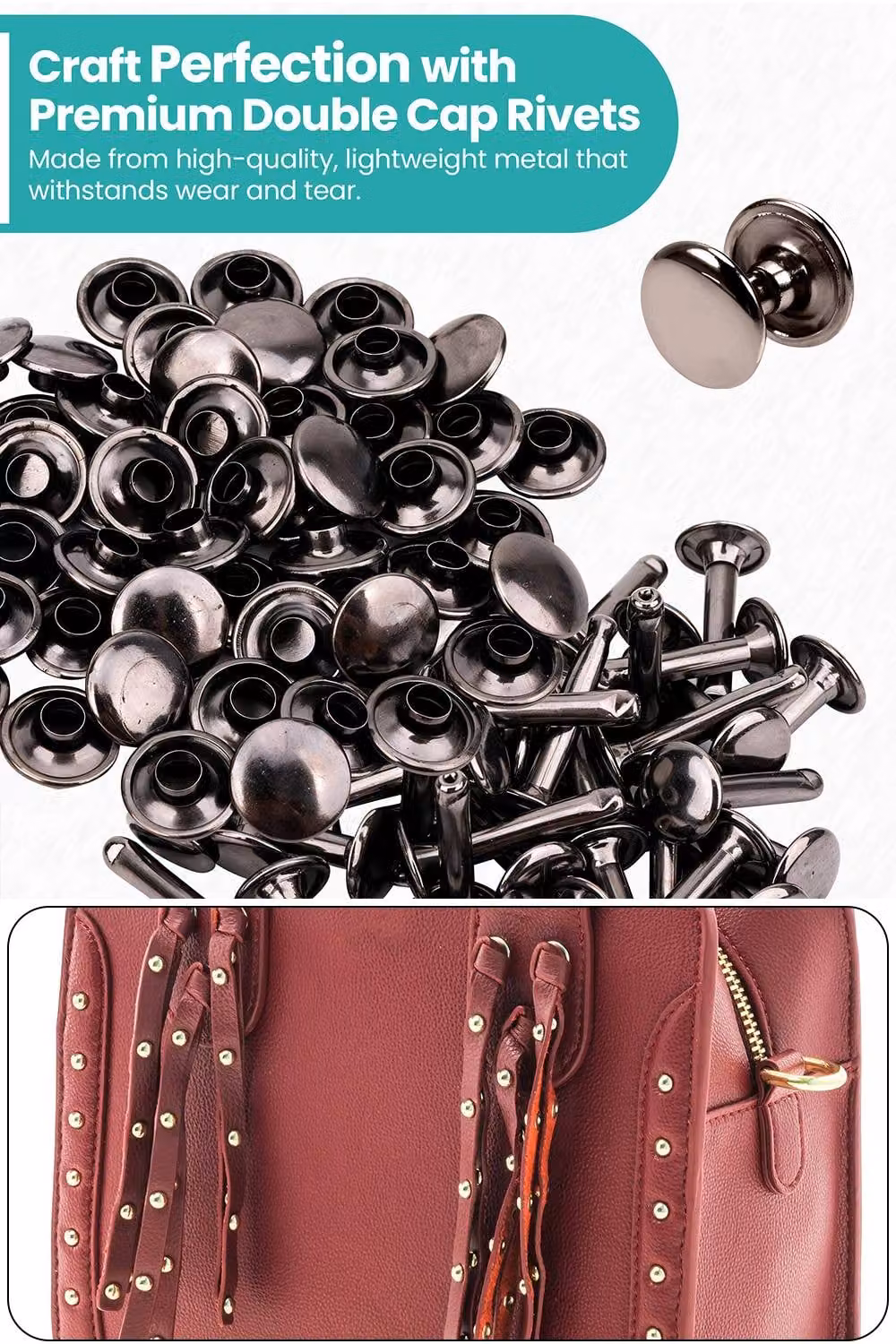 Neel Blue Extra Long Double Cap Studs, 50pcs Brass Tubular Rivets in Dark Grey, 8mm x 14mm – 3