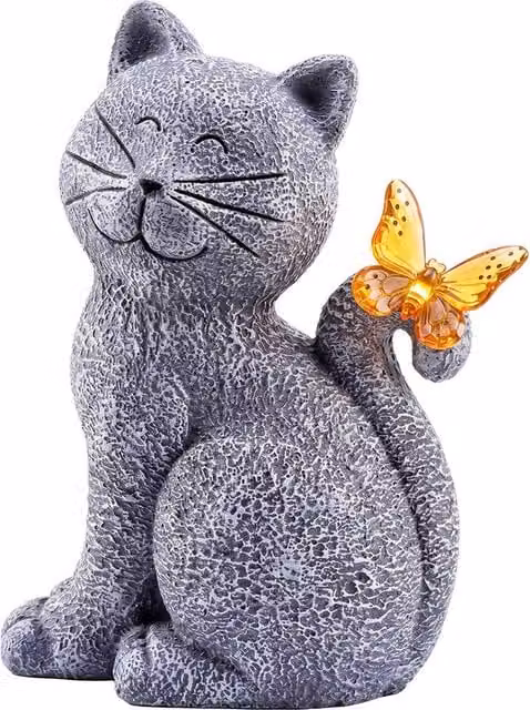 Emitto Cat Garden Ornament Solar LED Outdoor Resin Decor in Grey and Orange – 1
