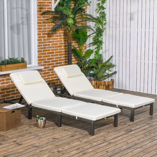 Outsunny Rattan Sun Loungers Set of 2 with 5-Level Adjustable Backrest and Weatherproof Cushions in Cream White