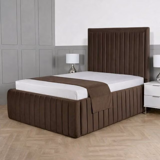 Living Comfort Bedz Saint Germain Small Double Upholstered Velvet Gas Lift Storage Bed in Brown