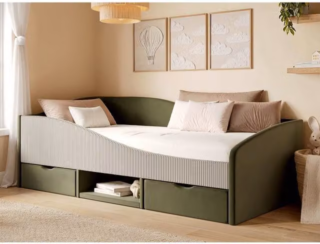 Flair Aubrey Single Velvet Storage Low Sleeper Bed with Beige Cord in Green – 1