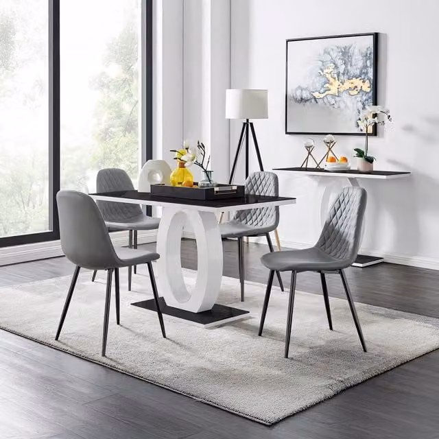 FurnitureboxUK Giovani Black Rectangular Glass Dining Table and Four Corona Black Leg Faux Leather Chairs in Grey