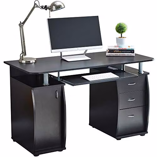 RayGar Black Deluxe Design Computer Desk with Storage Cabinet and 3 Drawers, W/D/H: 150 x 55 x 74 cm