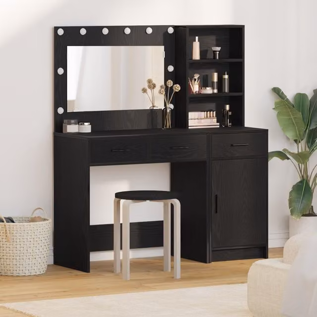 Berkfield Home 2 Piece Modern Hollywood LED Dressing Table Set in Matt Black MDF – 1