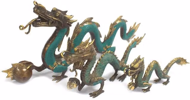 KDMK Oriental Fengshui Brass Dragon with Ball Ornament in Turquoise Metal