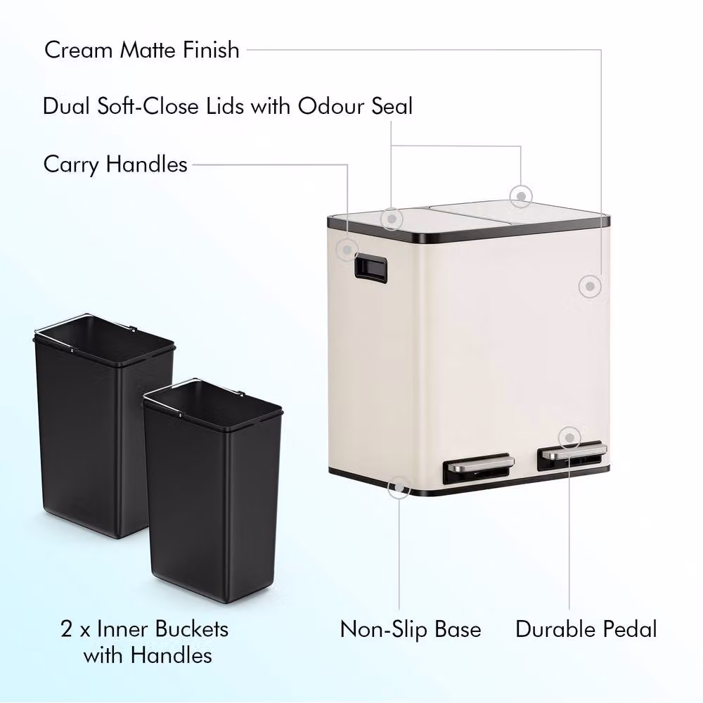 VonHaus 30L Double Compartment Kitchen Recycling Bin with Soft-Close Pedal in Beige (2 x 15L) – 3