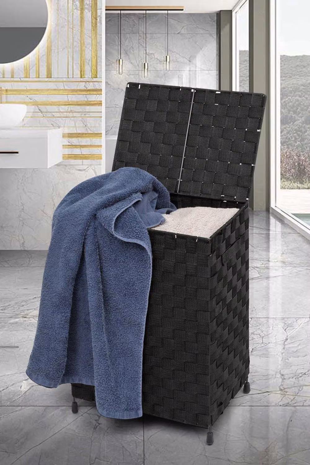 Arpan Collapsible Nylon Laundry Hamper Basket with Lid and Handles, Black – 7