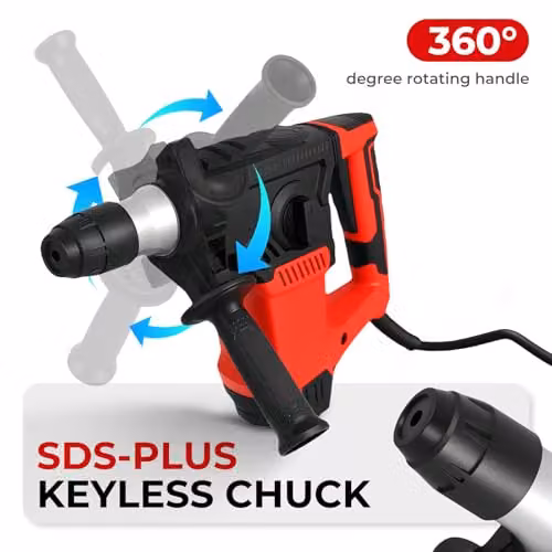 Traderight 1500W SDS Plus Rotary Hammer Red 4-Mode Professional Demolition Drill with 8J Impact Energy and 4500BPM – 4