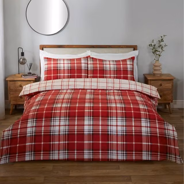 Divante Finest Reversible Red Checked Cotton Duvet Set, 140 x 200 cm