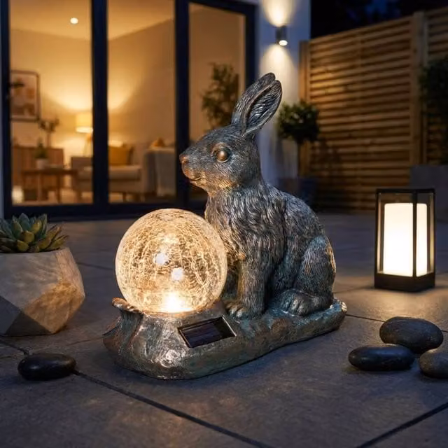 Garden Greatness Rabbit Solar Crackle Ball Light in White and Multicolour, W/D/H: 15 x 15 x 28 cm