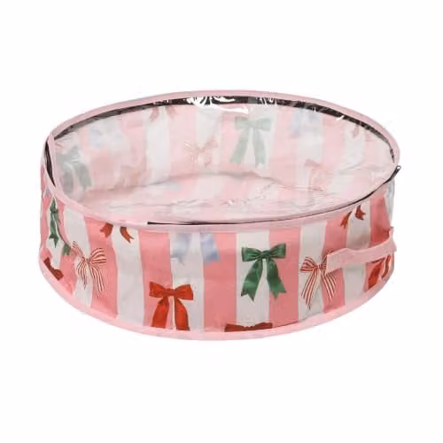 OHS Bow Stripe Wreath Storage Bag in Pink and White, Foldable Fabric Organiser with Lid and Handles