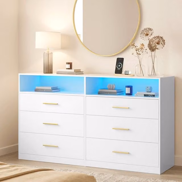 VASAGLE Modern 6-Drawer Chest of Drawers with Integrated LED Lights, White