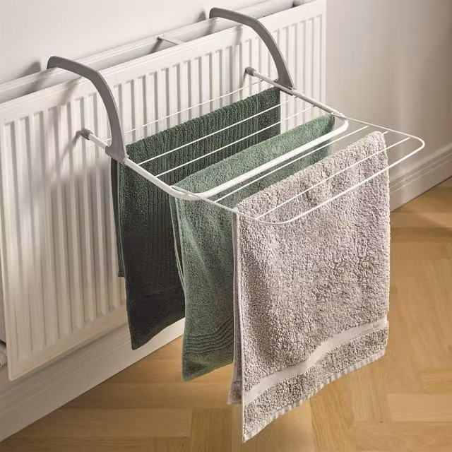 mysmartbuy Hanging Radiator Dryer Rack, Foldable and Extendable Indoor Drying Airer in White and Grey, H 15 x W 51 x D 33-53 cm