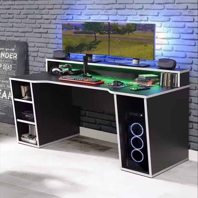 Tezaur Modern Dual Tone Gaming Desk with LED in Black and White