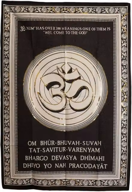 KDMD Om Sacred Spiritual Cotton Textile Wall Hanging, Black, White and Gold, W: 70 cm, H: 110 cm