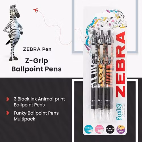 Zebra Z Grip Retractable Ballpoint Pens with Animal Design, Black Ink, 3 Pack – 1