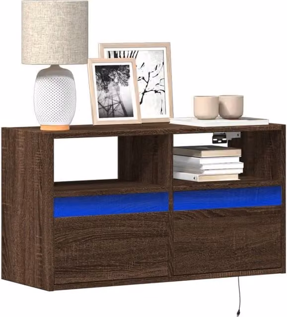 Berkfield Home Modern Wall Mounted TV Cabinet with LED Lights in Brown Oak, W/D/H: 80 x 31 x 45 cm