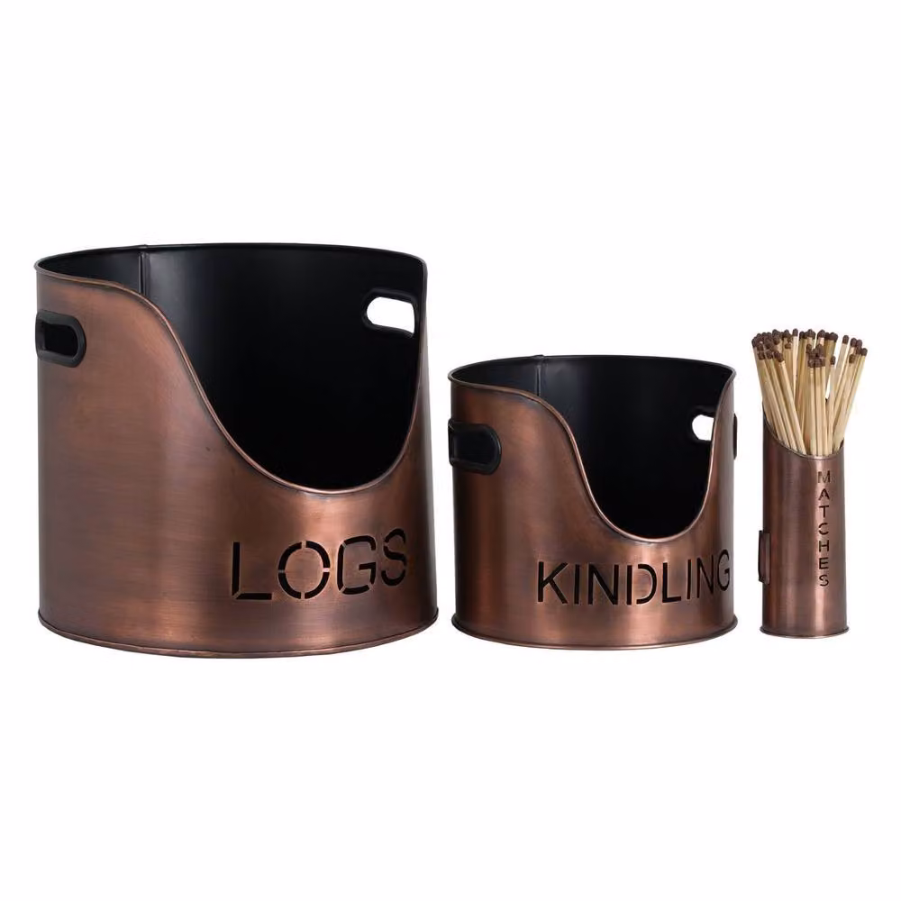 Hill Interiors Three Piece Copper Metal Fire Wood Bucket Set – 2