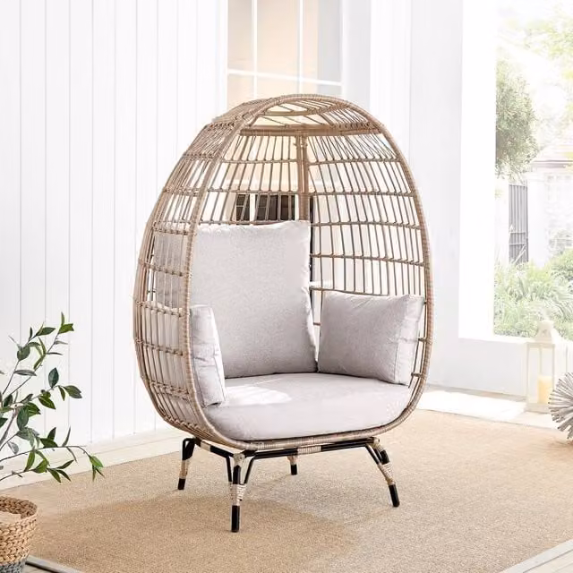 FurnitureboxUK Grey PE Resin Rattan Garden Egg Chair with Beige Cushions – 1