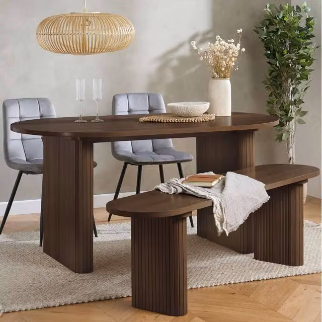 Birlea Axel Oval Fluted Dining Set in Brown Oak with 2 Chairs and 1 Bench – 1