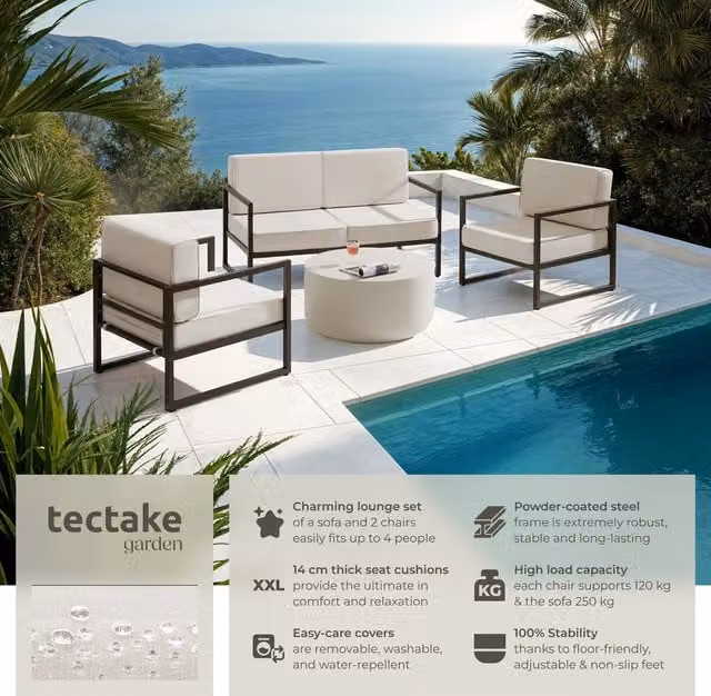 tectake Comosa Garden Furniture Set with 1 Sofa and 2 Armchairs, Rattan and Metal, Brown, Beige and Grey