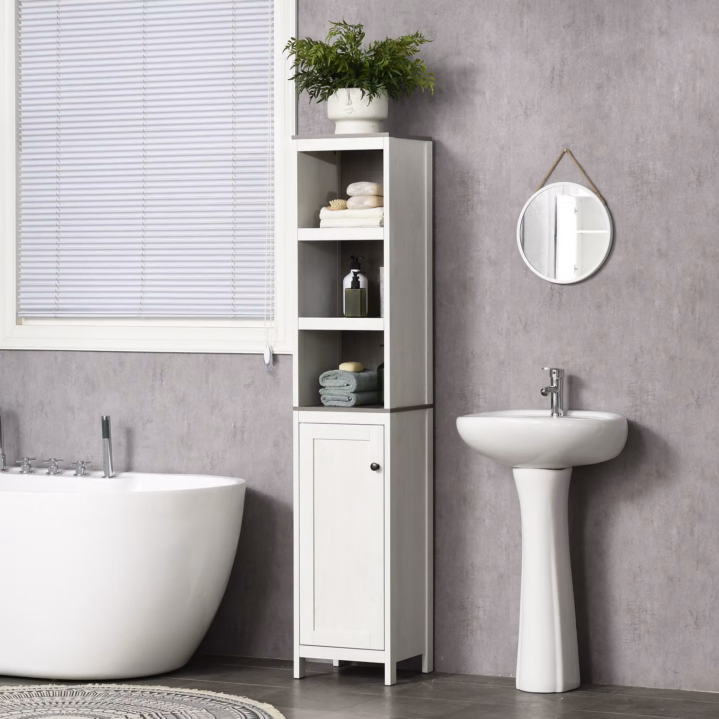 Kleankin Narrow Bathroom Cabinet, Tall Freestanding Storage Unit with 3 Shelves and Hinged Doors, White – 2