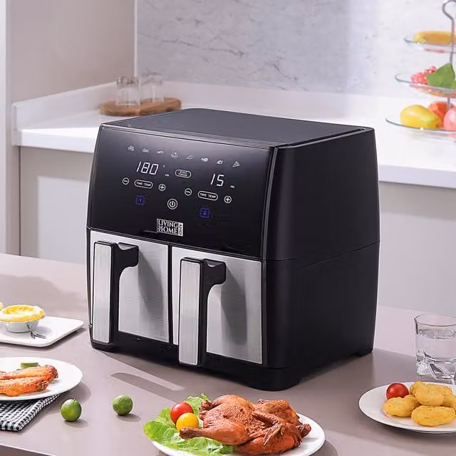 Livingandhome Smart Dual Zone Energy-Saving Air Fryer with Timer, Silver and Black