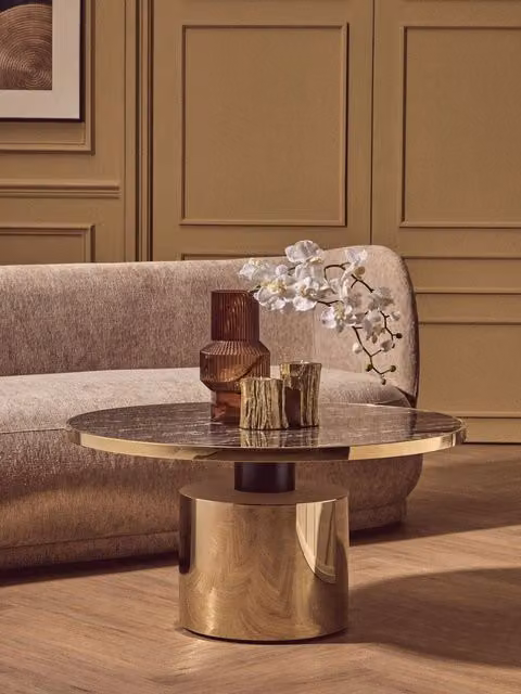 Orsina Round Black Marble-Effect Coffee Table with Gold Metal Base, Diameter: 90 cm, Height: 40 cm – 2