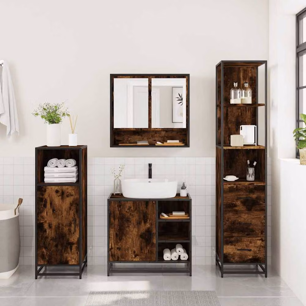 Berkfield Home 3 Piece Industrial Bathroom Furniture Set in Brown Smoked Oak – 3
