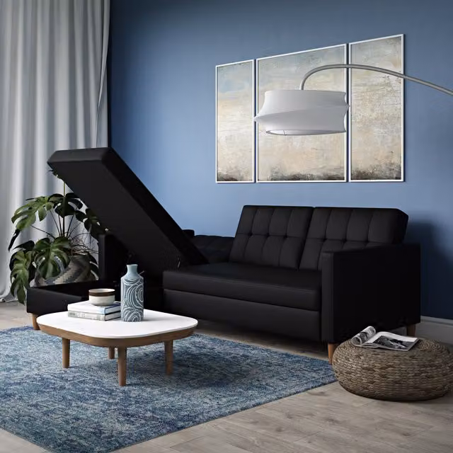 Dorel Home Hartford Reversible L-Shape Sectional Sofa Bed in Black Synthetic Leather with Click-Clack Sleeping Function