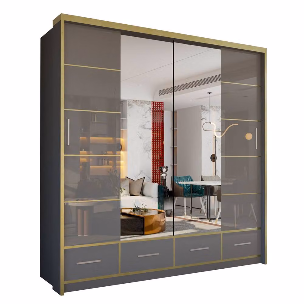Sliding Wardrobes 4U Modern Gloss Wardrobe with LED Light and Mirror Doors, Grey and Gold, W/H: 203 x 220 cm – 2