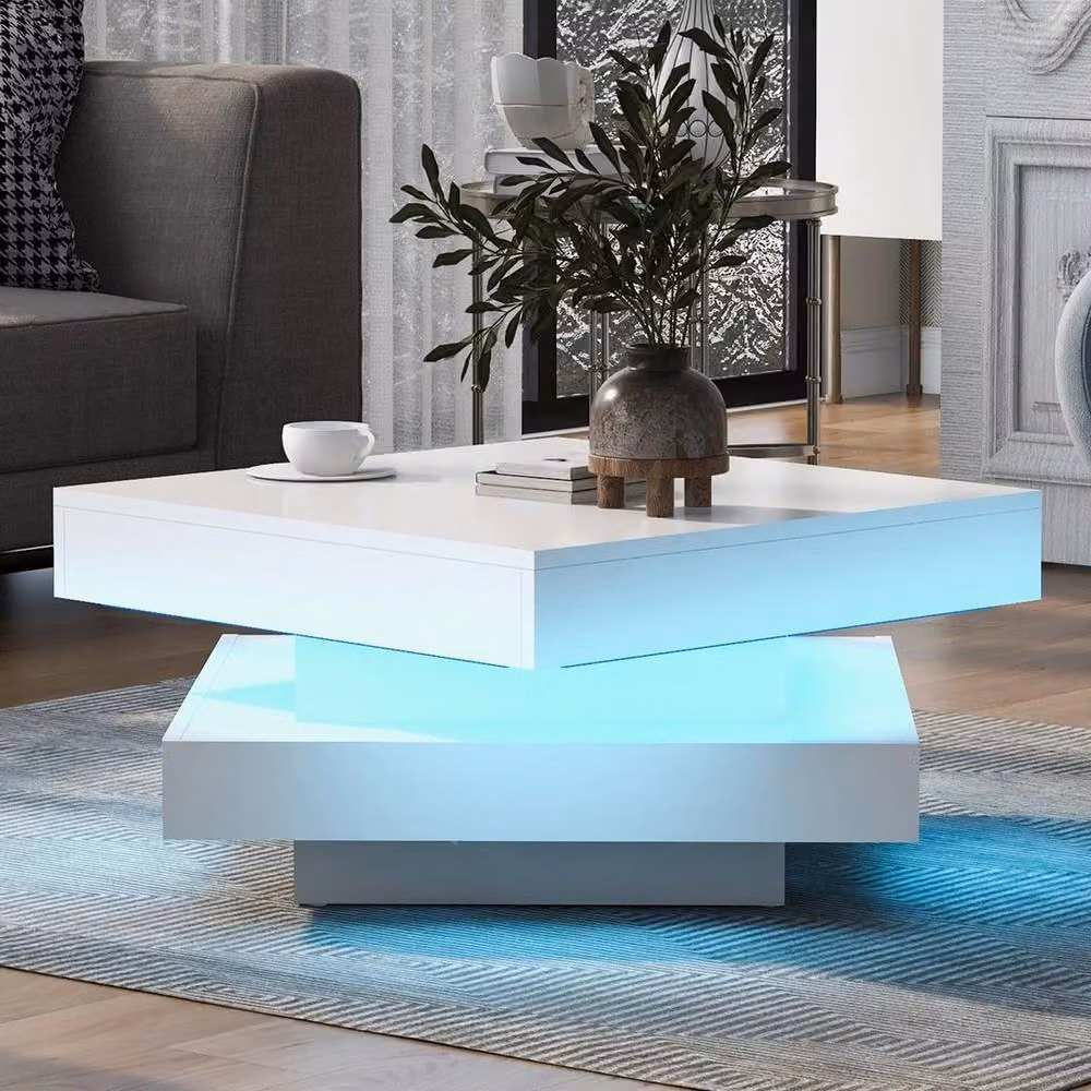 KORVIXA Modern Square Coffee Table in White with Glossy Finish, W/D/H: 100 x 100 x 36 cm – 2