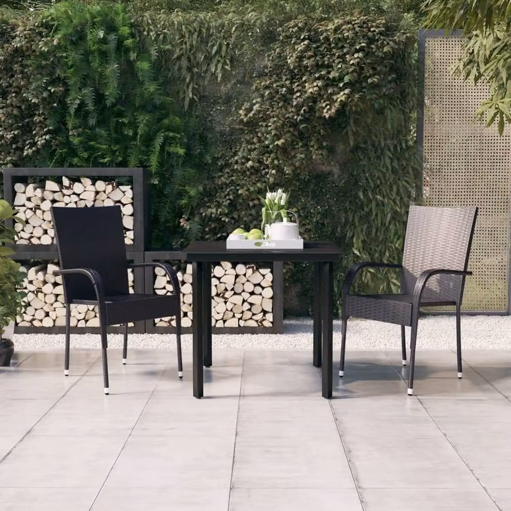 Berkfield Home 3 Piece Outdoor Dining Set in Black Rattan and Metal with Glass Top – 1
