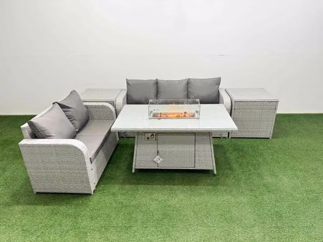 Fimous 5 Seater Grey PE Rattan Wicker Garden Furniture Set with Firepit Dining Table, 3 Seater Sofa, Love Seat and 2 Side Tables