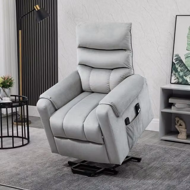 HOMCOM Grey Velvet Fabric Electric Power Lift Recliner TV Chair with Armrests and Pocket