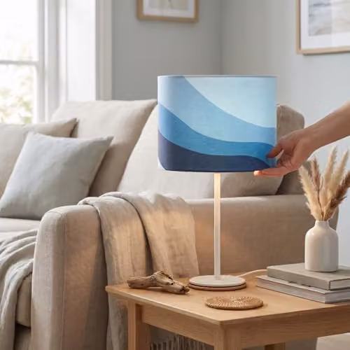 Happy Homewares Modern Blue and White Linen Fabric Drum Lamp Shade with Wavy Design, Diameter: 30 cm – 2