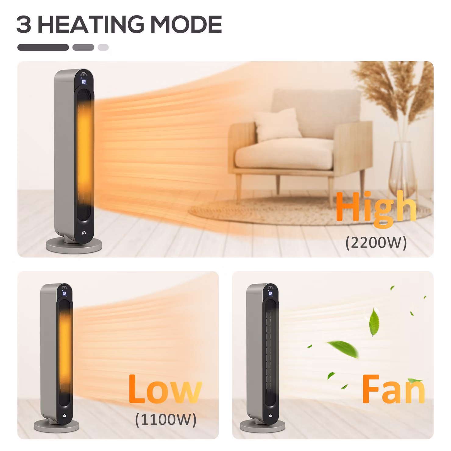 HOMCOM 2200W Ceramic Fan Heater in Silver with Remote Control, Timer and 45 Degree Oscillation – 6