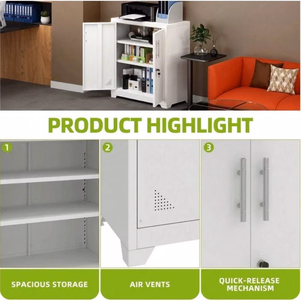 VOGREX White Metal Lockable Office Cabinet with Adjustable Shelves and Hinged Doors – 3