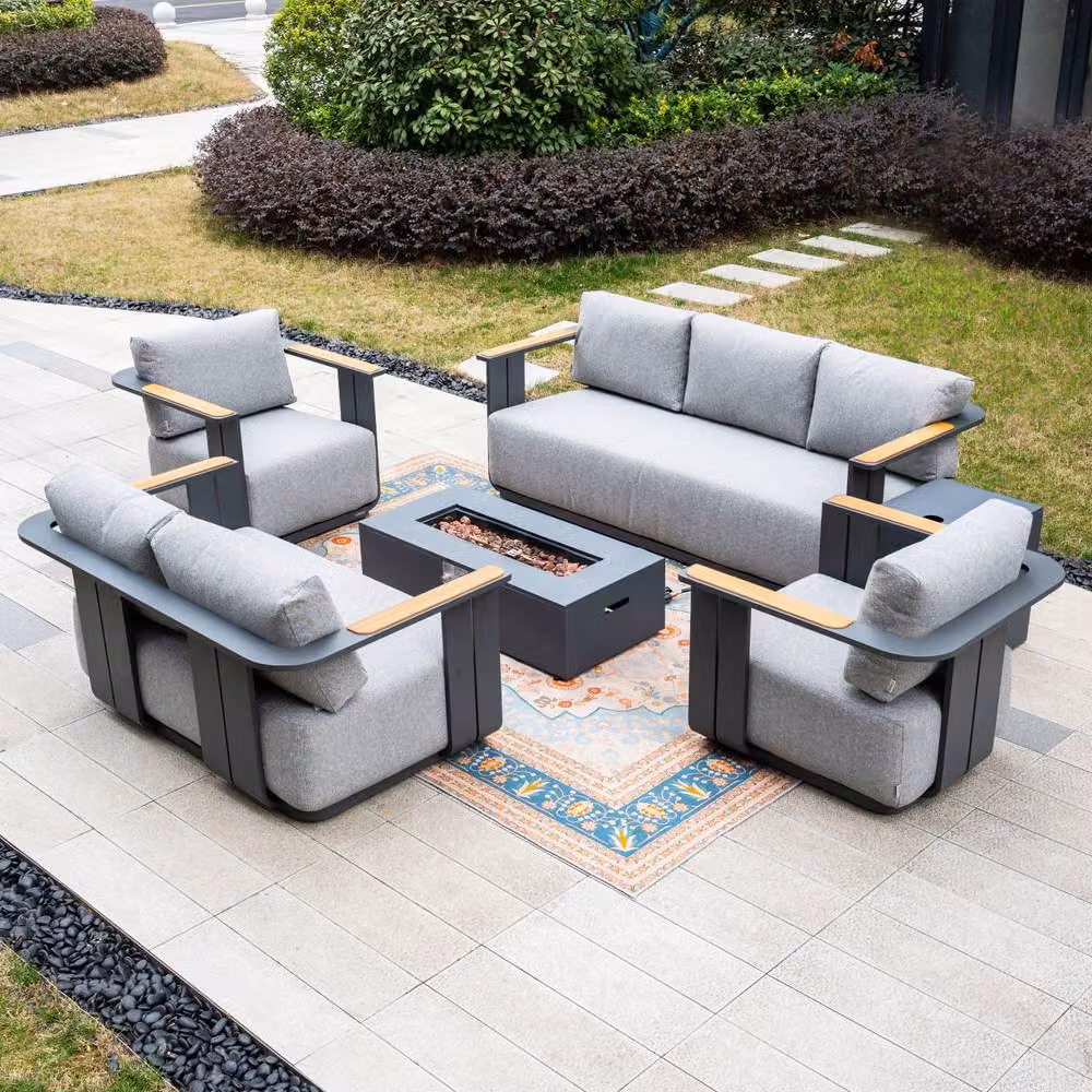 MIMO 7-Seater Grey Garden Sofa Set with Teak Armrests and Iron Firepit Table – 4