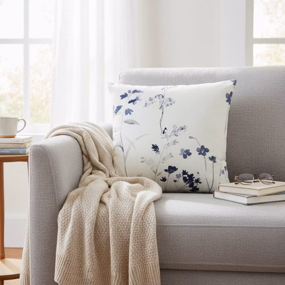 Four Candle Handmade Floral Printed Cotton Cushion with Filling, Multicolour and White, W/D/H: 45 x 45 x 45 cm – 2