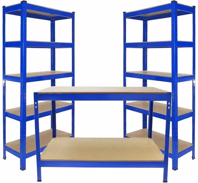 Monstershop T-Rax 2 x Blue and Metal Storage Workbench with Adjustable Shelves, W/D/H: 150 x 75 x 30 cm
