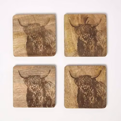 HOMESCAPES Brown Wooden Coaster Set of 4, Square, W/D/H: 10 x 10 x 2 cm, with Non-Slip Pads and Holder – 1
