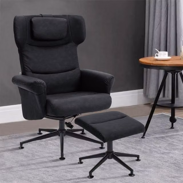 Livingandhome Black Synthetic Leather Upholstered Swivel Recliner Chair with Ottoman