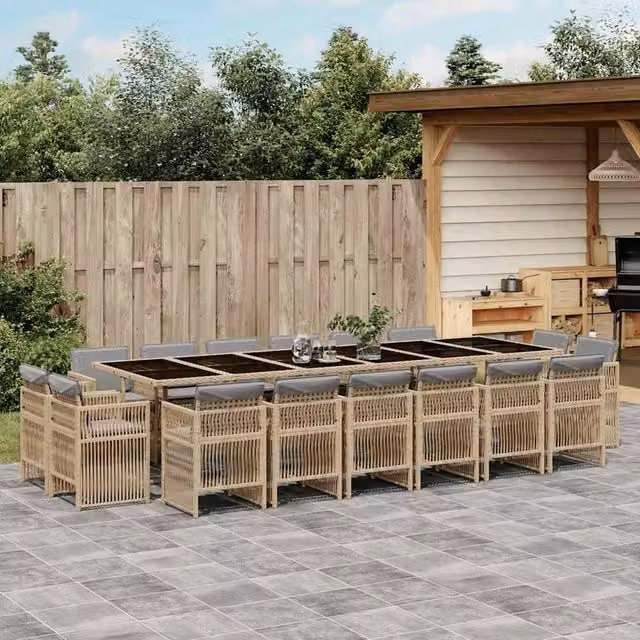 Berkfield Home 17 Piece Modern Poly Rattan Garden Dining Set with Beige Cushions and Glass Tabletop