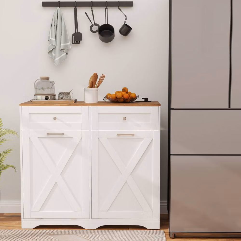 Costway White Tilt Out Trash Can Cabinet with Integrated Outlets and 2 Drawers – 2