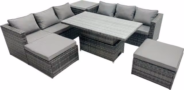 Fimous 8-Seater Rattan Outdoor Sofa and Height-Adjustable Rising Dining Table Set in Dark Grey Mixed with Glass Top